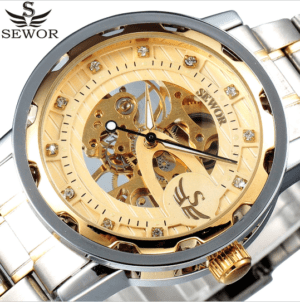 SEWOR Gold Skeleton Rhinestone Mechanical Watch SEW092
